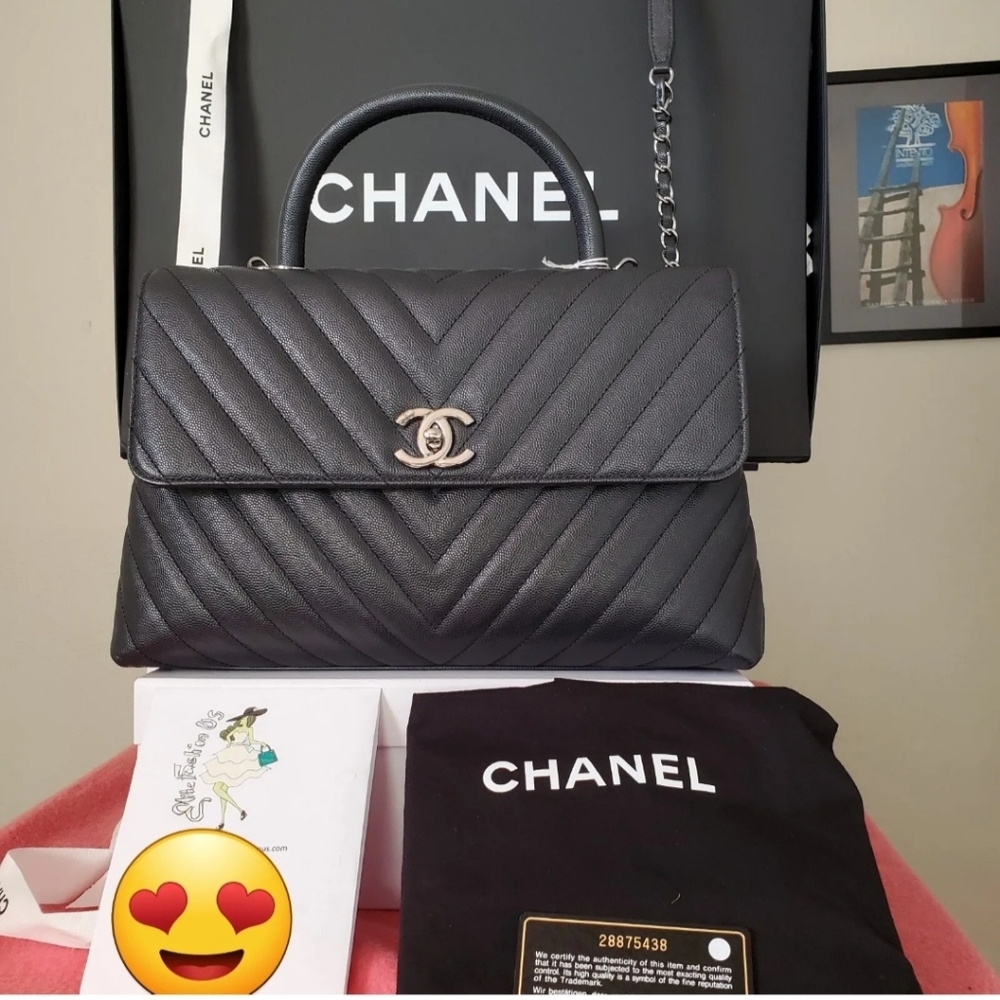 Chanel coco handle dark grey caviar silver hard ware large bag